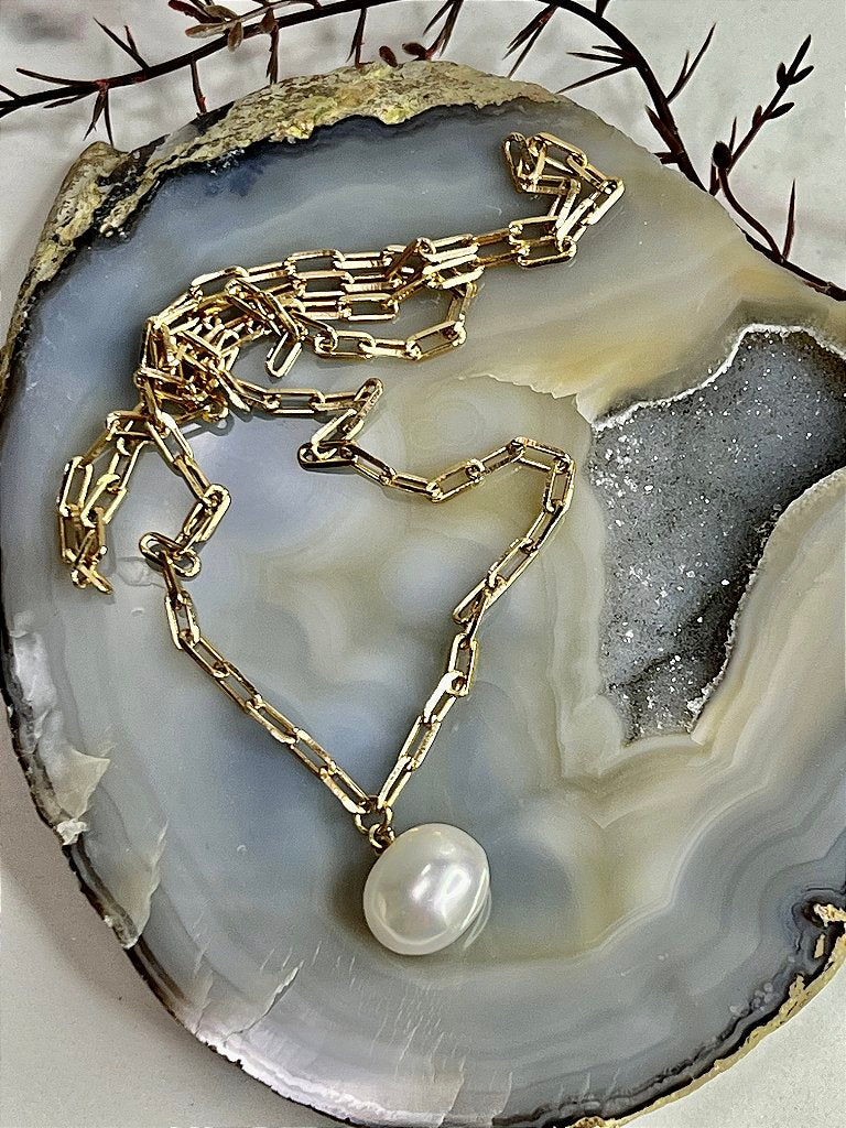 Colar Corrente Banho Ouro 18k Com Pingente Perola Agua Doce
