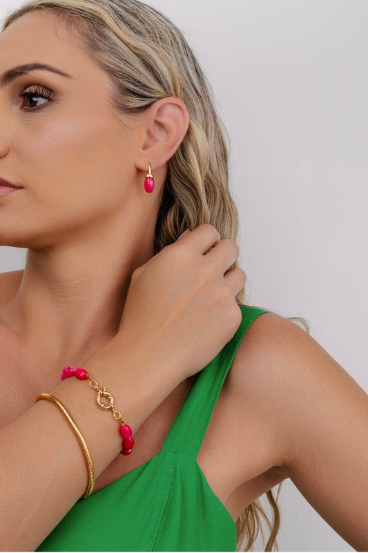 Conjunto Pulseira Brinco Barril Jade Facetada