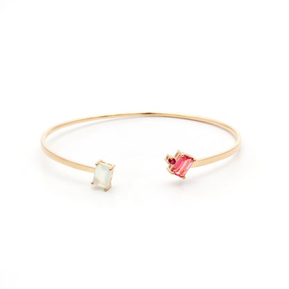 Pulseira Bracelete Quadrado Cristal Turmalina Rosa Banho de Ouro 18K