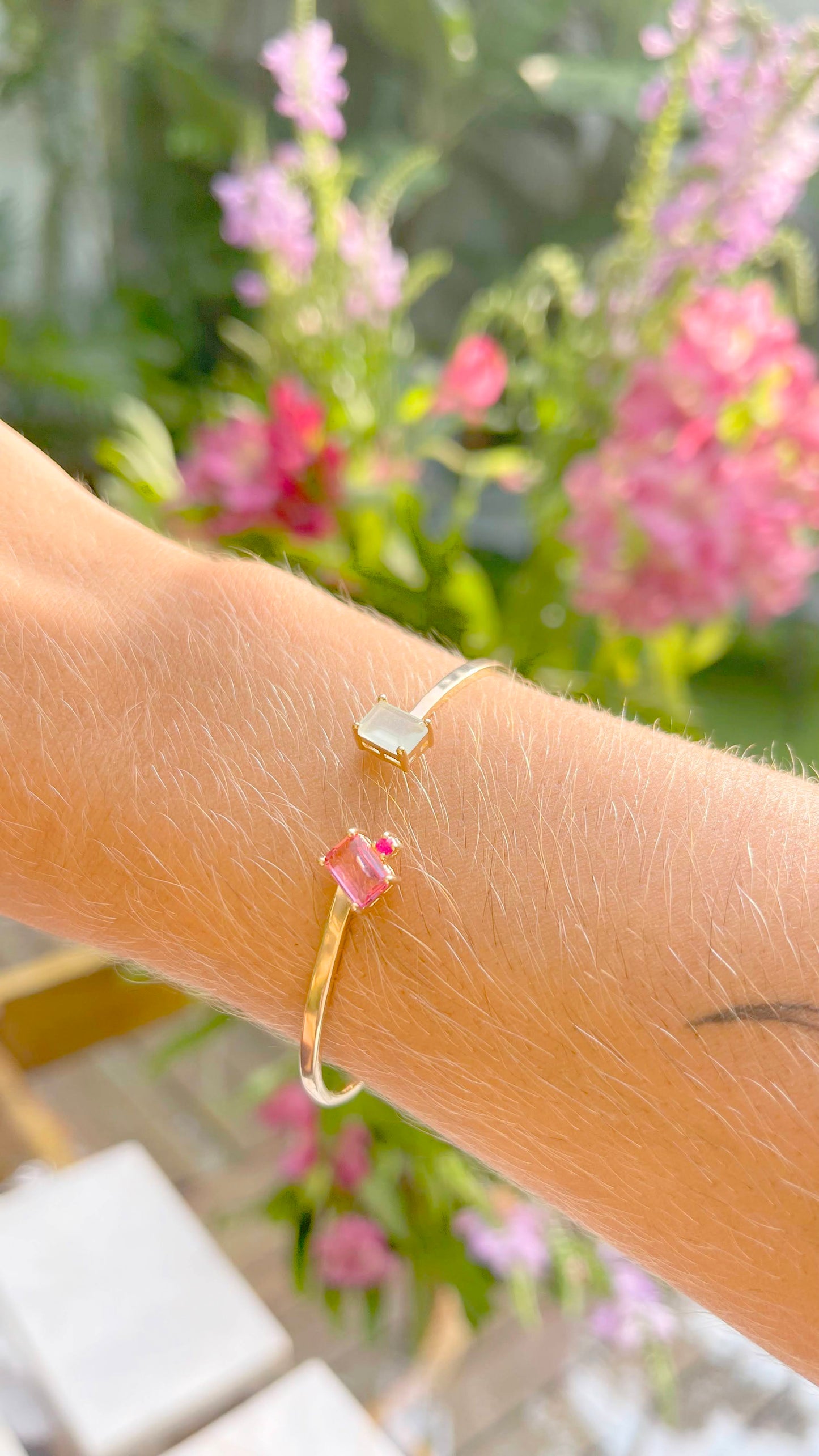 Pulseira Bracelete Quadrado Cristal Turmalina Rosa Banho de Ouro 18K