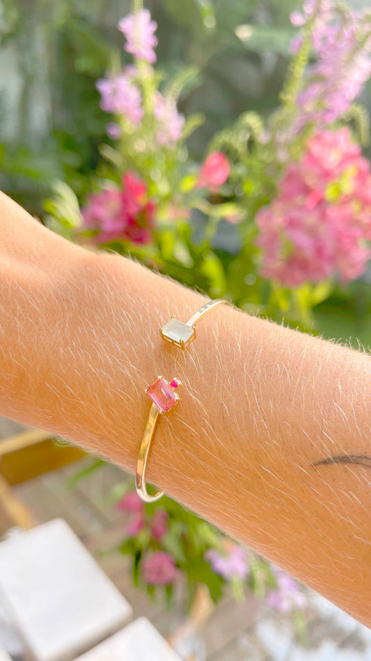 Pulseira Bracelete Quadrado Cristal Turmalina Rosa Banho de Ouro 18K