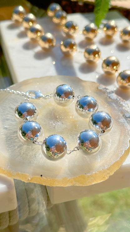 Pulseira Lisa Esferas 14mm 22cm Banho de Prata Nano Silver