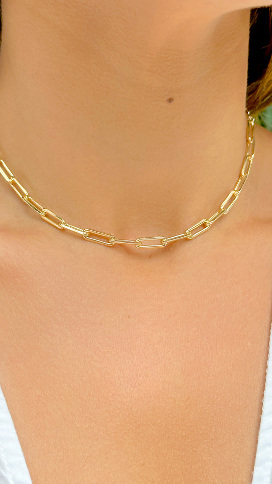 Colar Liso Elos Retangulares 40cm Banho de Ouro 18K