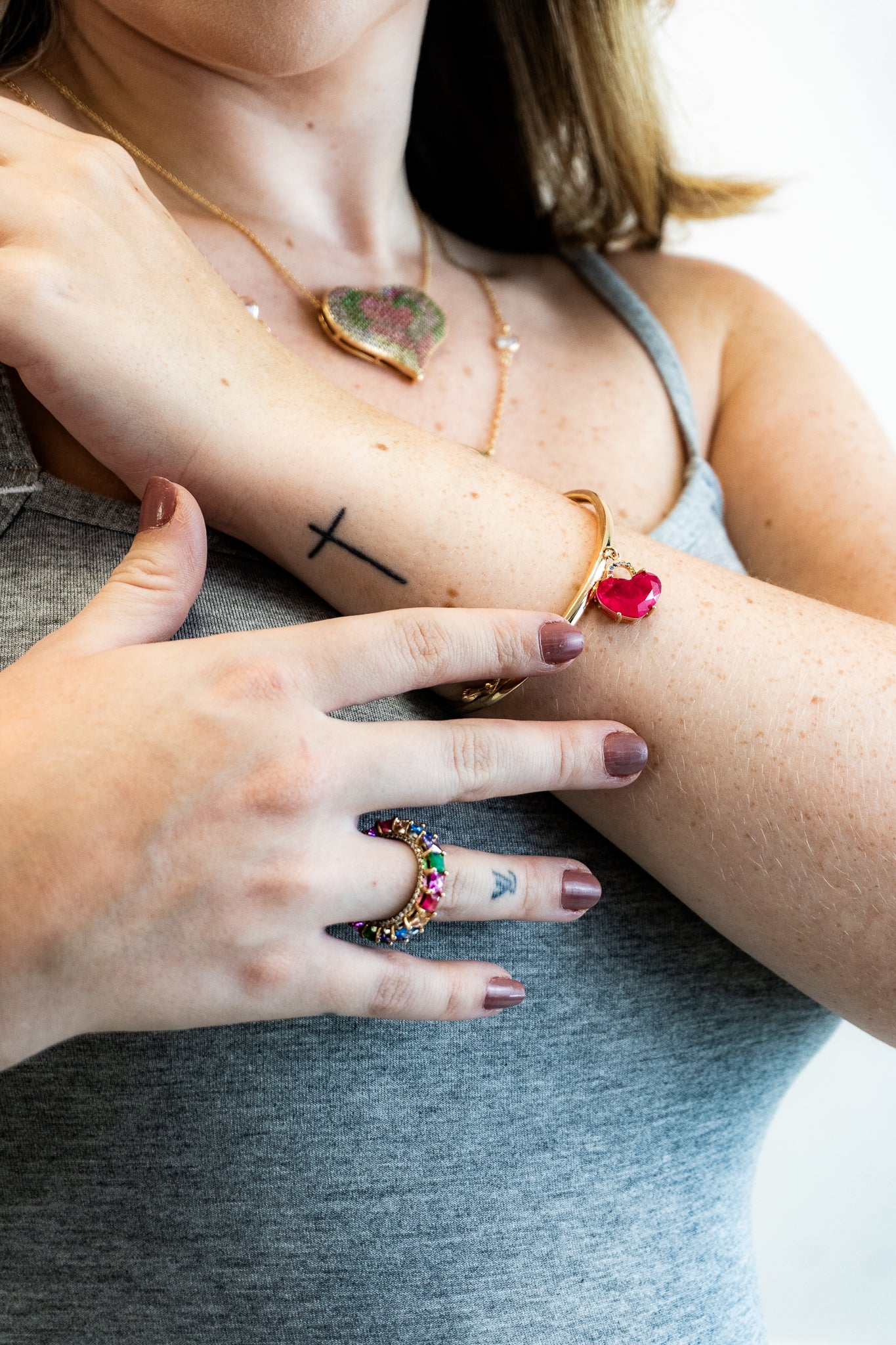 Pulseira Bracelete Fusion Turmalina Rosa Zircônia Colorida Coração Pendurado