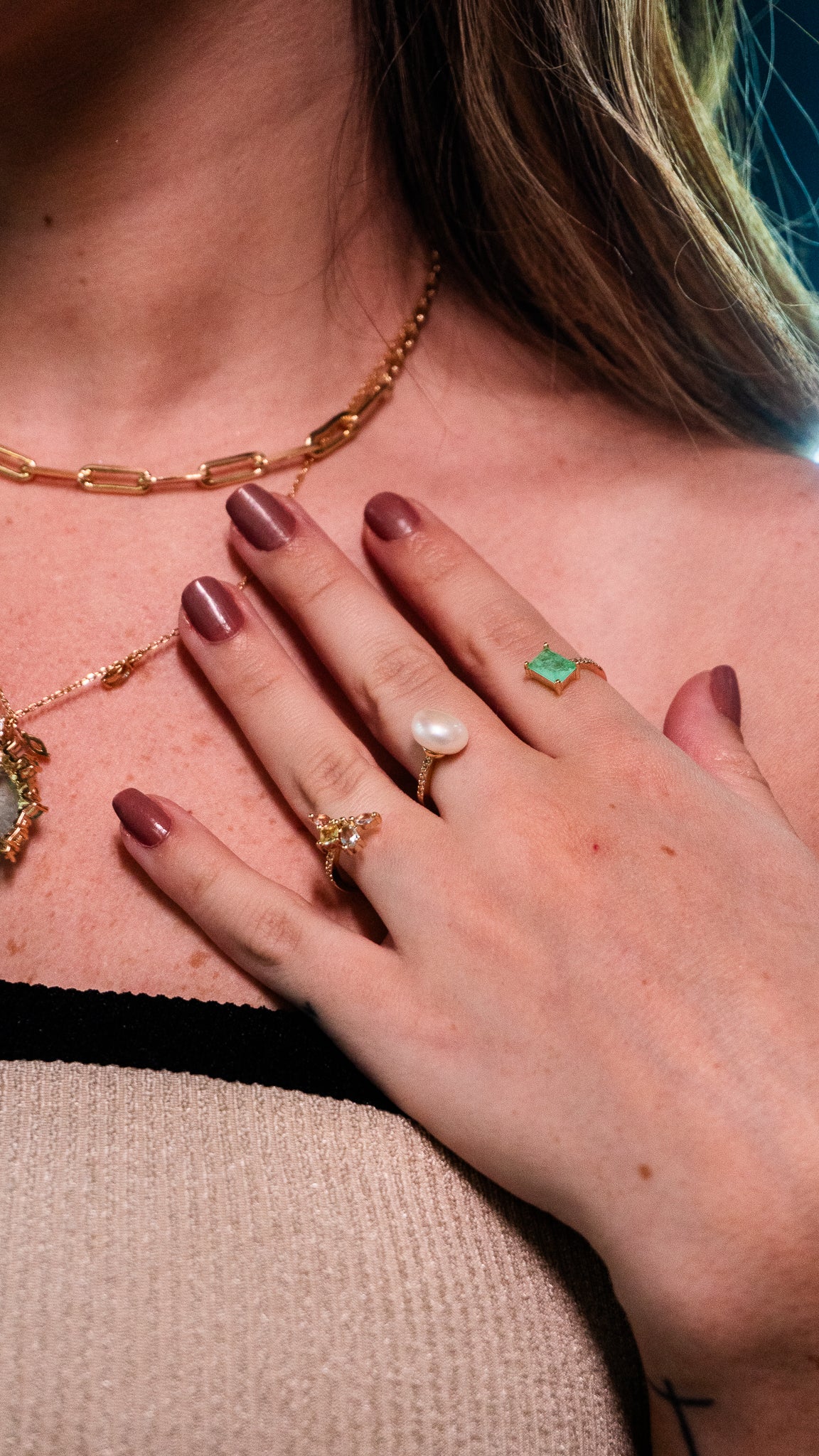 Anel Fusion Esmeralda Colombiana Pérola Cristal Topázio Azul