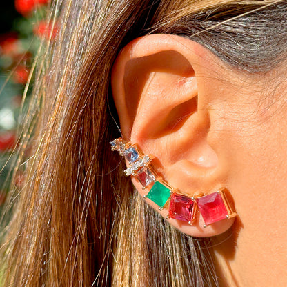 Brinco Earcuff Cristal Topázio Fumê Rubi Cristal