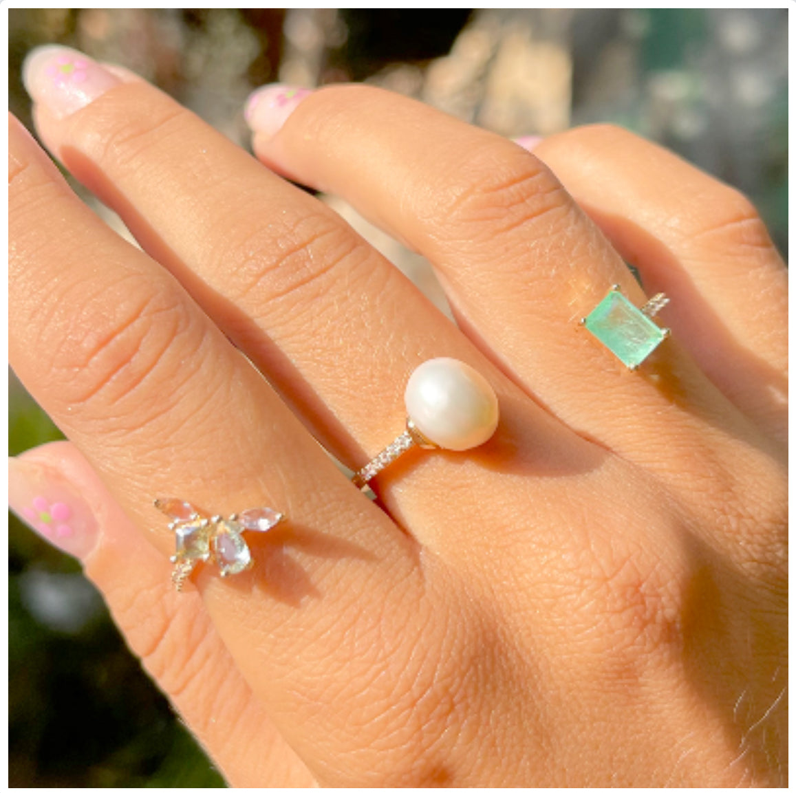 Anel Fusion Esmeralda Colombiana Pérola Cristal Topázio Azul