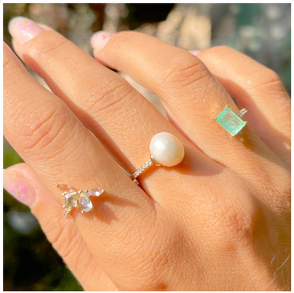 Anel Fusion Esmeralda Colombiana Pérola Cristal Topázio Azul