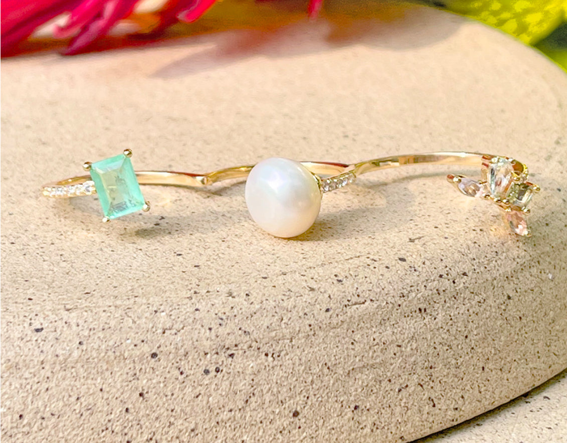 Anel Fusion Esmeralda Colombiana Pérola Cristal Topázio Azul