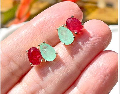 Brinco Fusion Esmeralda Colombiana Fusion Rubi Oval e Gota