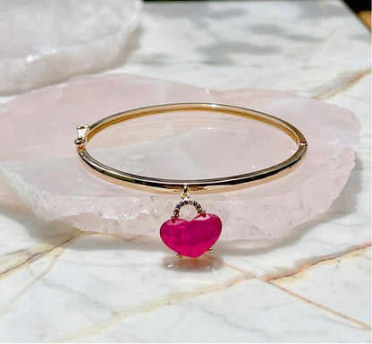 Pulseira Bracelete Fusion Turmalina Rosa Zircônia Colorida Coração Pendurado