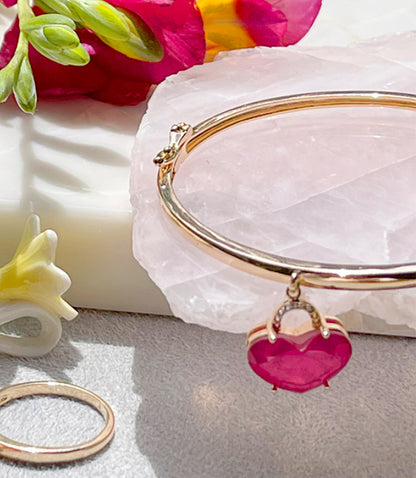 Pulseira Bracelete Fusion Turmalina Rosa Zircônia Colorida Coração Pendurado