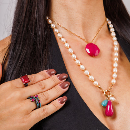 Colar Banho Ouro 18k Pérola Barroca Pingente Pink Verde