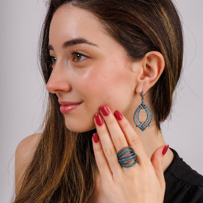 Anel Cravejado Mini Zircônia Azul e Branca