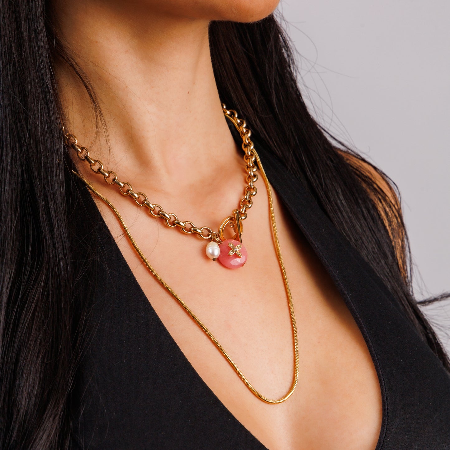 Colar Corrente Banho Ouro 18k Com Pingente Quartzo Rosa