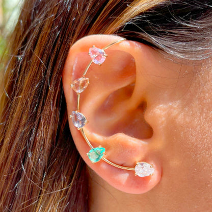 Brinco Cristal Quartzo Rosa Ear Cuff Gotas Banho de Ouro 18K