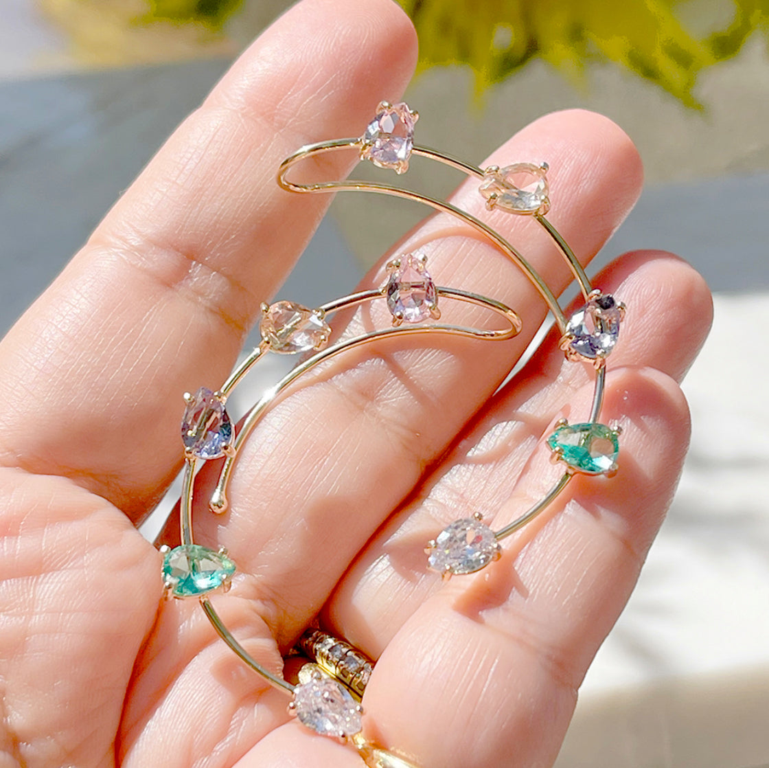 Brinco Cristal Quartzo Rosa Ear Cuff Gotas Banho de Ouro 18K