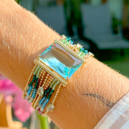 Pulseira Retângulo Cristal Topázio Azul 20cm Banho de Ouro 18K