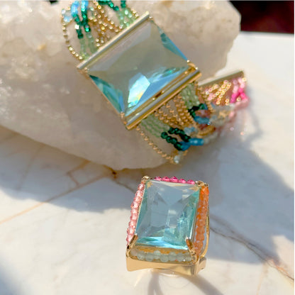 Pulseira Retângulo Cristal Topázio Azul 20cm Banho de Ouro 18K