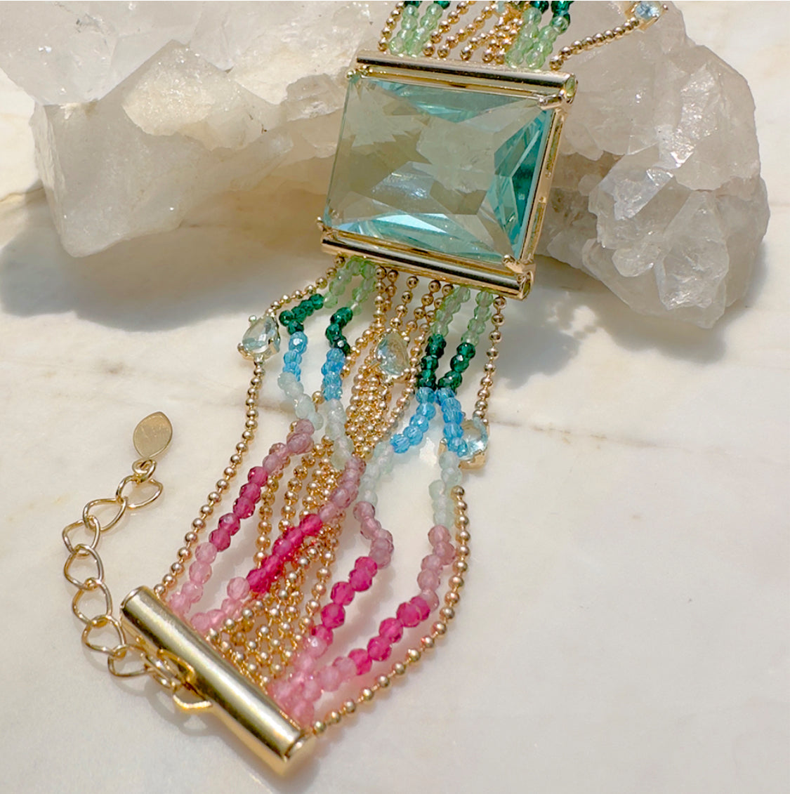 Pulseira Retângulo Cristal Topázio Azul 20cm Banho de Ouro 18K