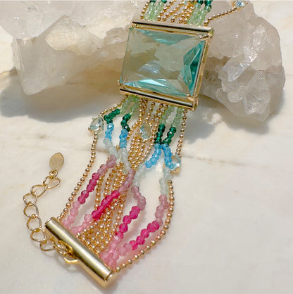 Pulseira Retângulo Cristal Topázio Azul 20cm Banho de Ouro 18K