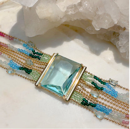 Pulseira Retângulo Cristal Topázio Azul 20cm Banho de Ouro 18K