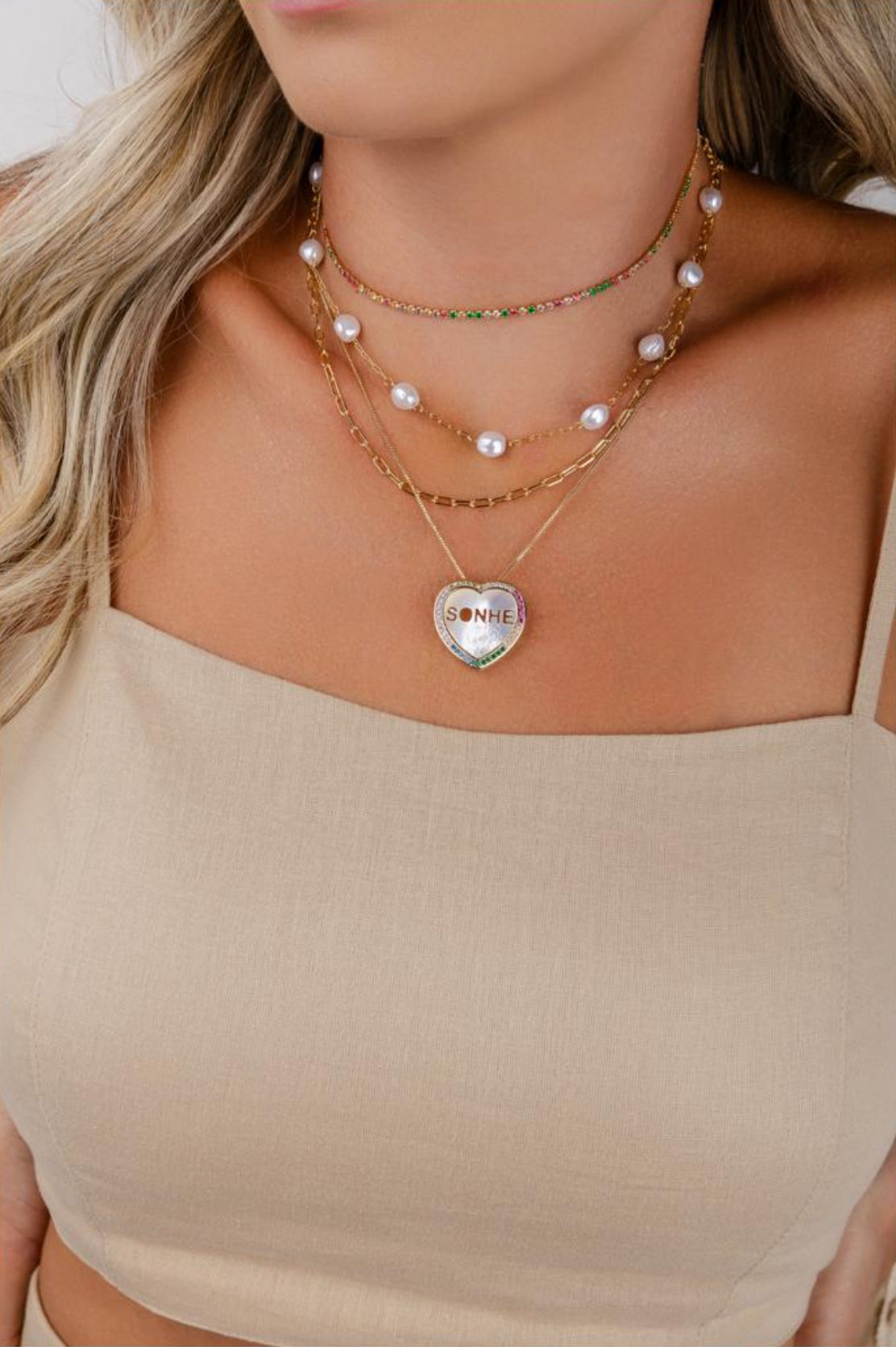 Colar Sonhe Madrepérola Zircônia Color Banho Ouro 18k