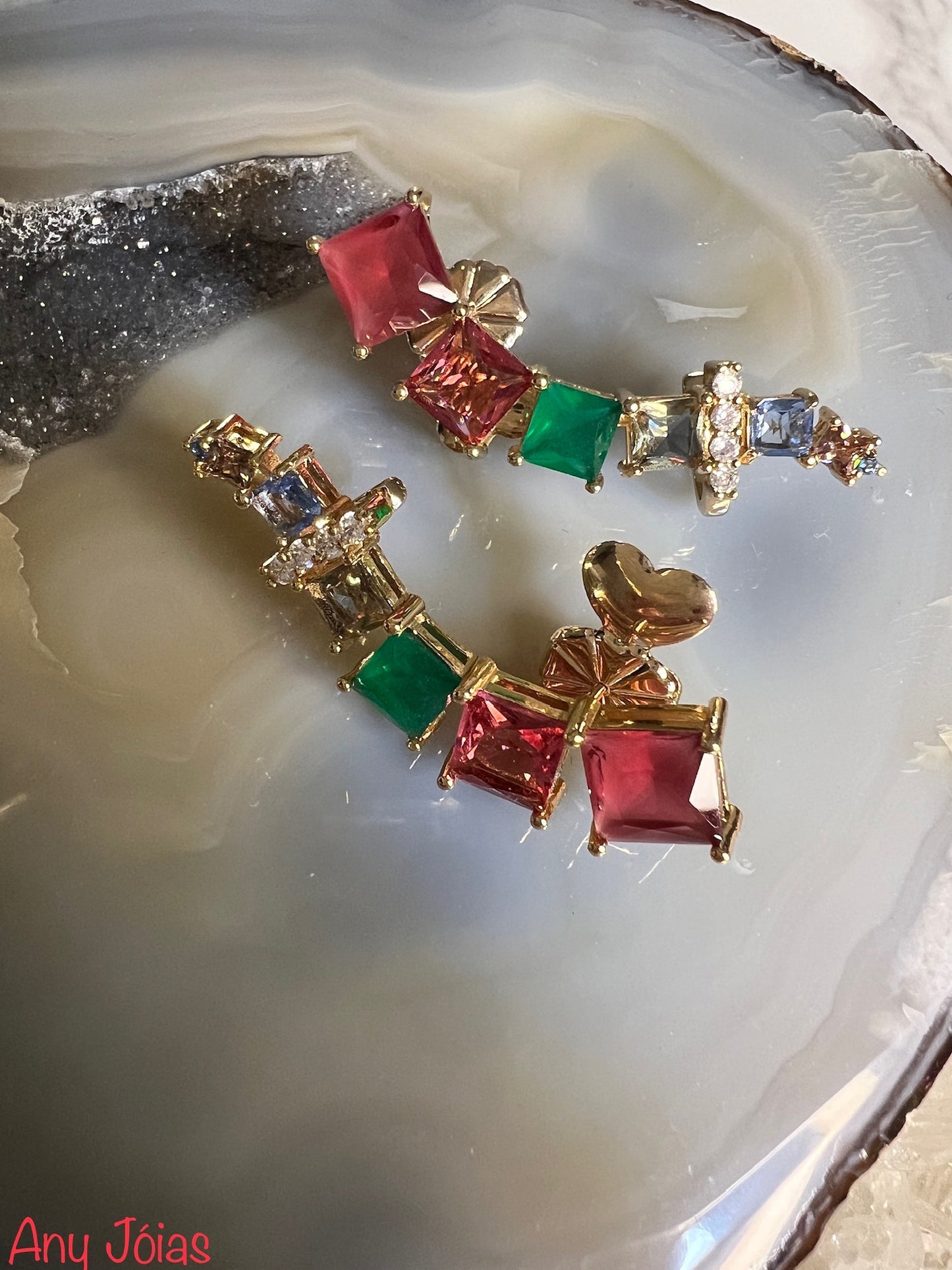 Brinco Earcuff Cristal Topázio Fumê Rubi Cristal