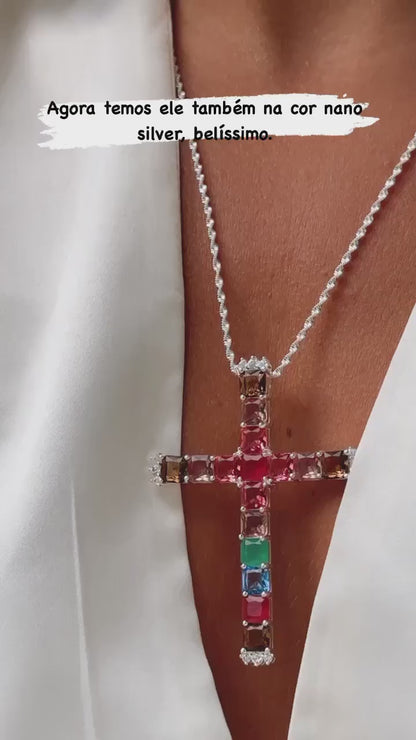 Colar Cristal Topázio Rubi Esmeralda Cruz Banho Prata Nano Silver