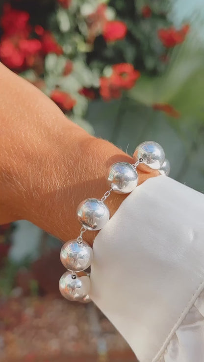 Pulseira Lisa Esferas 14mm 22cm Banho de Prata Nano Silver