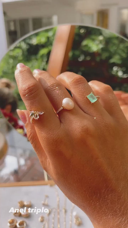 Anel Fusion Esmeralda Colombiana Pérola Cristal Topázio Azul