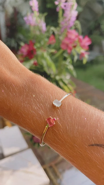 Pulseira Bracelete Quadrado Cristal Turmalina Rosa Banho de Ouro 18K