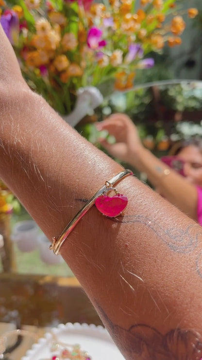 Pulseira Bracelete Fusion Turmalina Rosa Zircônia Colorida Coração Pendurado