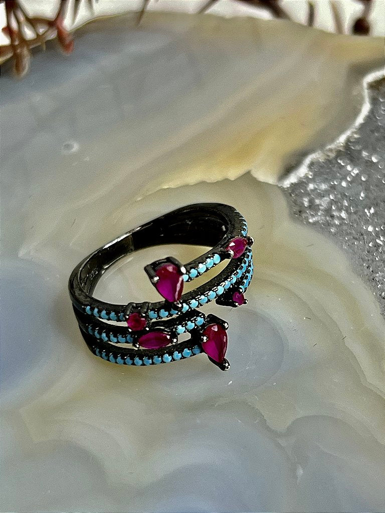 Anel Zircônia Cores Azul e Rubi