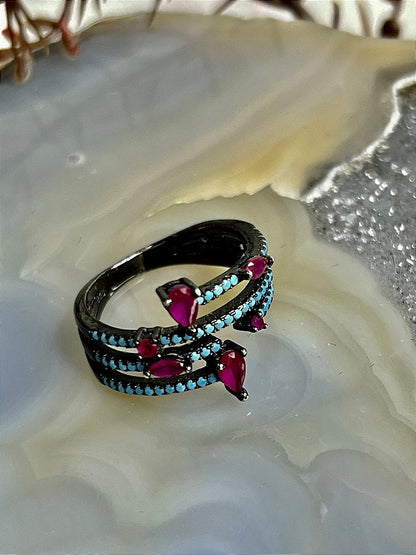 Anel Zircônia Cores Azul e Rubi