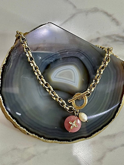 Colar Corrente Banho Ouro 18k Com Pingente Quartzo Rosa