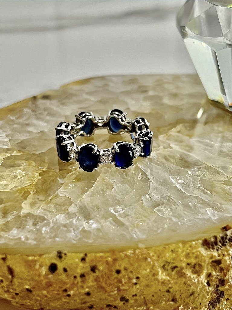 Anel Aliança Zircônia Azul e Branca