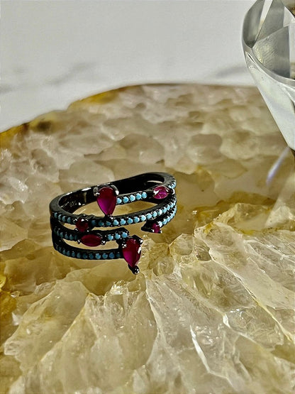 Anel Zircônia Cores Azul e Rubi