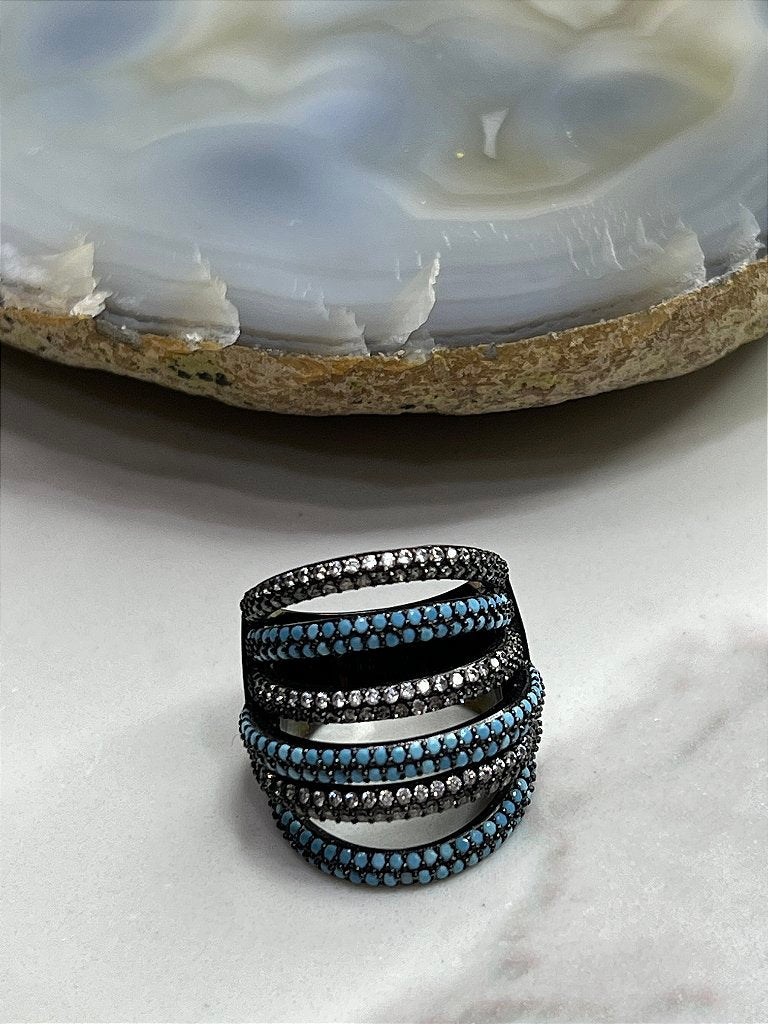 Anel Cravejado Mini Zircônia Azul e Branca