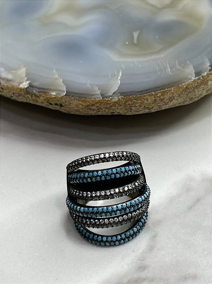Anel Cravejado Mini Zircônia Azul e Branca