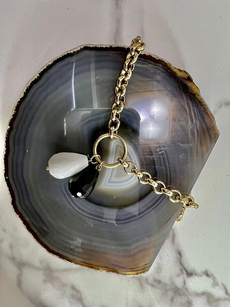 Colar Corrente Banho Ouro 18k Com Pingente Branco Preto