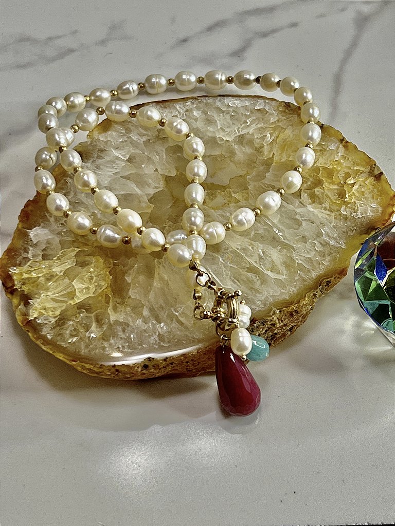 Colar Banho Ouro 18k Pérola Barroca Pingente Pink Verde